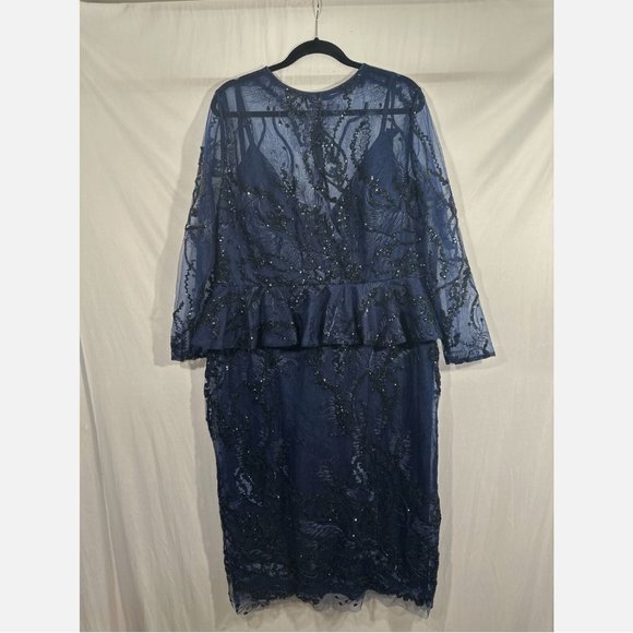 NWT $498 Mac Duggal [‎ PLUS 18W ] Embellished Peplum Midi Sheath Dress Blue - Picture 8 of 15